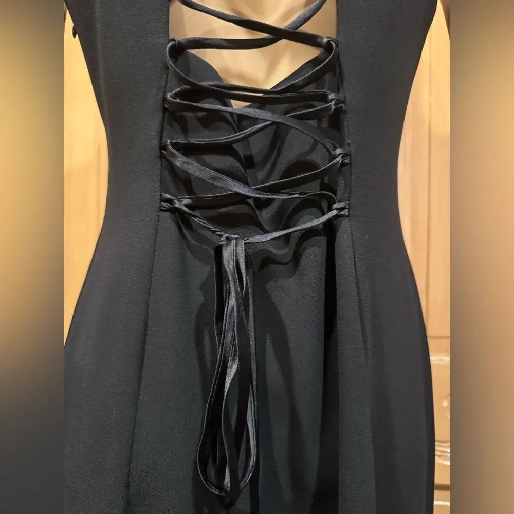 Ann Taylor Black Corset tie Back Sleeveless hi-Slit Maxi Dress Sz 10 - Picture 8 of 10